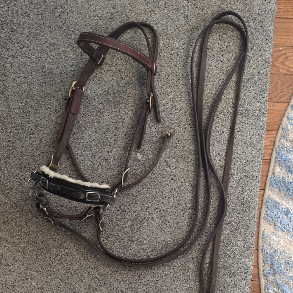 draft Size Brown Leather Horse Bridle with Sheepskin Noseband